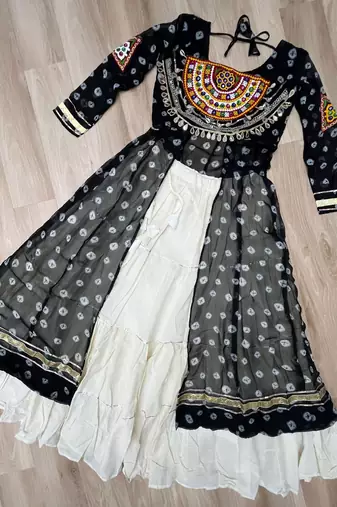 Black Navaratri Special Kora Cotton Frill Lehenga with Patch Work Georgette Kurti