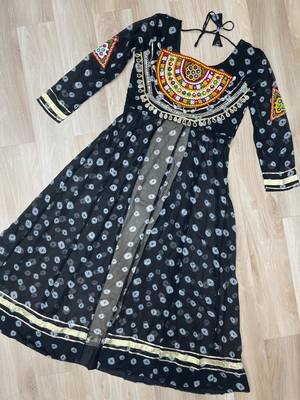 Black Navaratri Special Kora Cotton Frill Lehenga with Patch Work Georgette Kurti 7