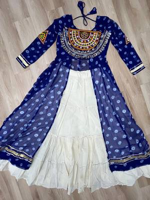 Blue Navaratri Special Kora Cotton Frill Lehenga with Patch Work Georgette Kurti 6