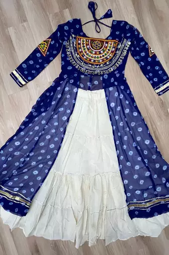 Blue Navaratri Special Kora Cotton Frill Lehenga with Patch Work Georgette Kurti