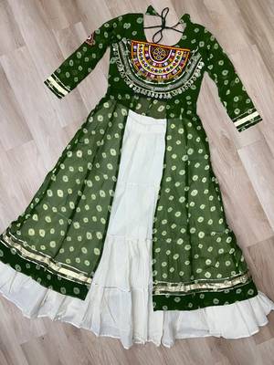 Green Navaratri Special Kora Cotton Frill Lehenga with Patch Work Georgette Kurti 6