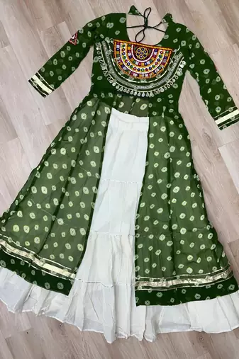 Green Navaratri Special Kora Cotton Frill Lehenga with Patch Work Georgette Kurti