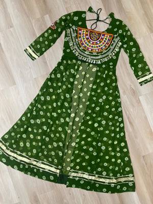 Green Navaratri Special Kora Cotton Frill Lehenga with Patch Work Georgette Kurti 7