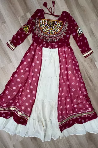 Pink Navaratri Special Kora Cotton Frill Lehenga with Patch Work Georgette Kurti