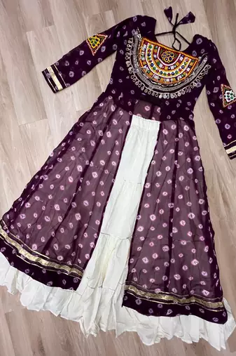 Purple Navaratri Special Kora Cotton Frill Lehenga with Patch Work Georgette Kurti