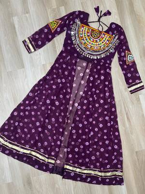 Purple Navaratri Special Kora Cotton Frill Lehenga with Patch Work Georgette Kurti 7