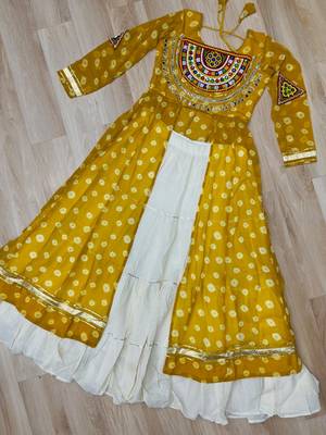Yellow Navaratri Special Kora Cotton Frill Lehenga with Patch Work Georgette Kurti 6