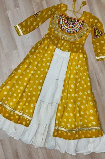 Yellow Navaratri Special Kora Cotton Frill Lehenga with Patch Work Georgette Kurti