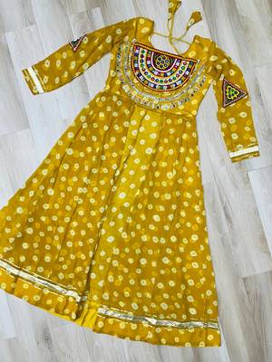 Yellow Navaratri Special Kora Cotton Frill Lehenga with Patch Work Georgette Kurti 7