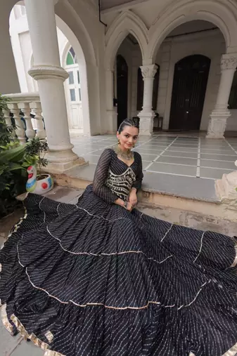 Black Navaratri Special Leheriya Print with Gota-Patti Lace Work Lehenga Choli- free size