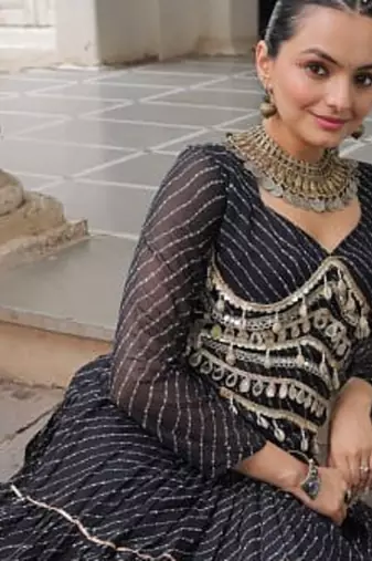 Black Navaratri Special Leheriya Print with Gota-Patti Lace Work Lehenga Choli