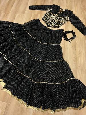Black Navaratri Special Leheriya Print with Gota-Patti Lace Work Lehenga Choli 7