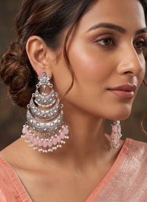 Oxidized silver-toned layered chandbali earrings with blush pink drops 1