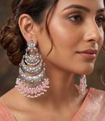 Oxidized silver-toned layered chandbali earrings with blush pink drops