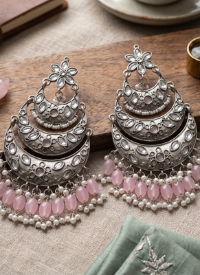 Oxidized silver-toned layered chandbali earrings with blush pink drops 2