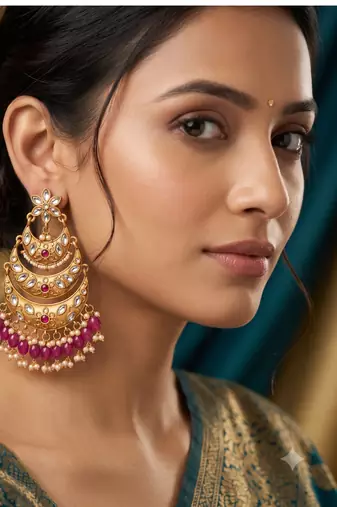 Traditional gold-toned layered chandbali earrings with pink kundan drops