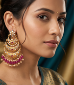 Traditional gold-toned layered chandbali earrings with pink kundan drops