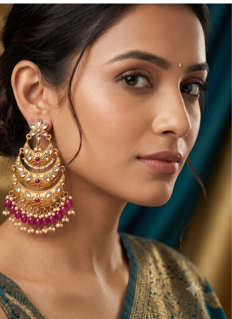 Traditional gold-toned layered chandbali earrings with pink kundan drops