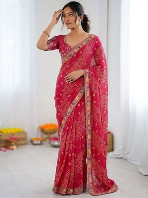 Pink soft georgette digital print saree with embroidered border & banglory silkblend blouse 1