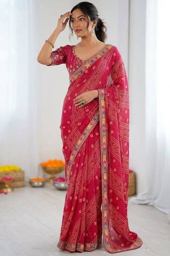 Pink soft georgette digital print saree with embroidered border & banglory silkblend blouse