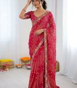 Pink soft georgette digital print saree with embroidered border & banglory silkblend blouse