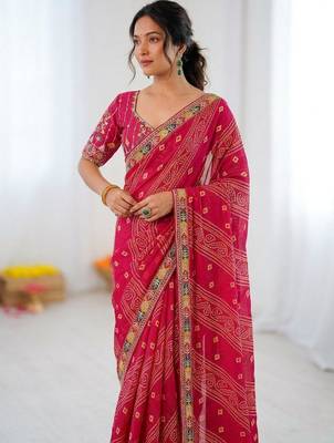 Pink soft georgette digital print saree with embroidered border & banglory silkblend blouse 2