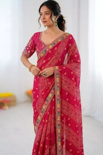 Pink soft georgette digital print saree with embroidered border & banglory silkblend blouse