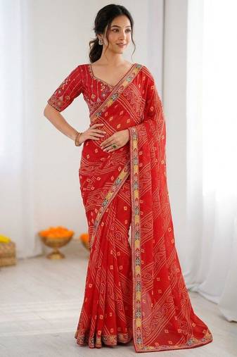Red soft georgette digital print saree with embroidered border & banglory silkblend blouse