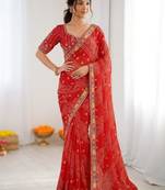 Red soft georgette digital print saree with embroidered border & banglory silkblend blouse