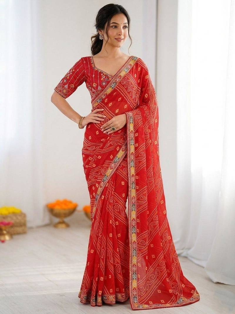Red soft georgette digital print saree with embroidered border & banglory silkblend blouse