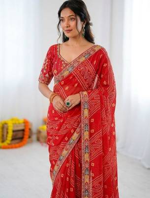 Red soft georgette digital print saree with embroidered border & banglory silkblend blouse 2