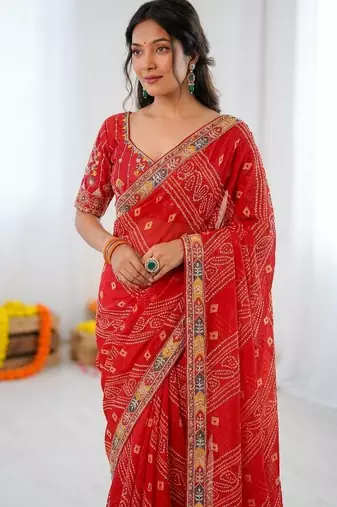 Red soft georgette digital print saree with embroidered border & banglory silkblend blouse