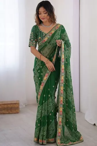 Green soft georgette digital print saree with embroidered border & banglory silkblend blouse