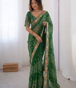 Green soft georgette digital print saree with embroidered border & banglory silkblend blouse