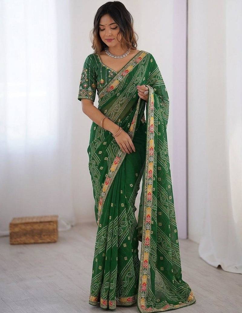 Green soft georgette digital print saree with embroidered border & banglory silkblend blouse