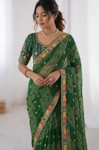 Green soft georgette digital print saree with embroidered border & banglory silkblend blouse