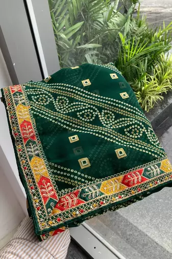 Green soft georgette digital print saree with embroidered border & banglory silkblend blouse
