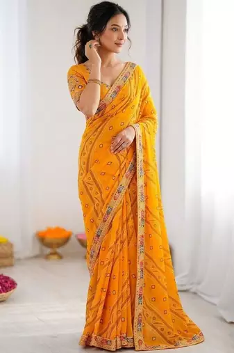 Yellow soft georgette digital print saree with embroidered border & banglory silkblend blouse