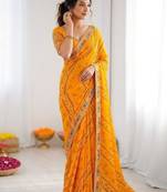 Yellow soft georgette digital print saree with embroidered border & banglory silkblend blouse