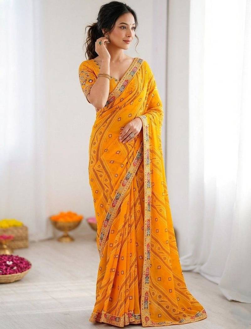 Yellow soft georgette digital print saree with embroidered border & banglory silkblend blouse