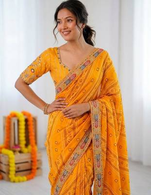 Yellow soft georgette digital print saree with embroidered border & banglory silkblend blouse 2