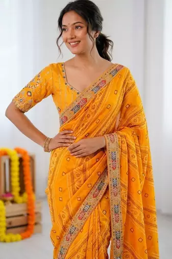 Yellow soft georgette digital print saree with embroidered border & banglory silkblend blouse