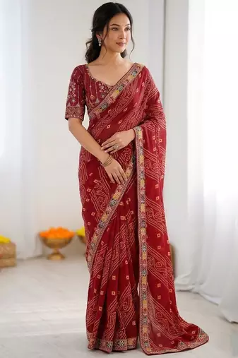 Maroon soft georgette digital print saree with embroidered border & banglory silkblend blouse