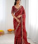 Maroon soft georgette digital print saree with embroidered border & banglory silkblend blouse
