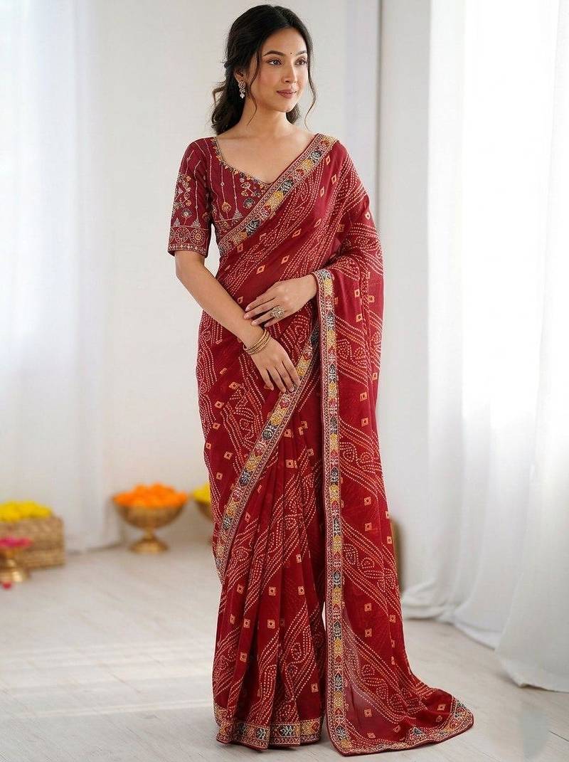 Maroon soft georgette digital print saree with embroidered border & banglory silkblend blouse