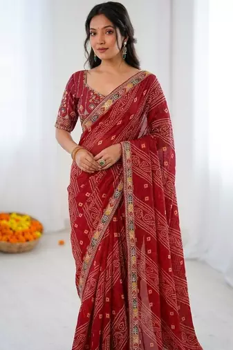 Maroon soft georgette digital print saree with embroidered border & banglory silkblend blouse