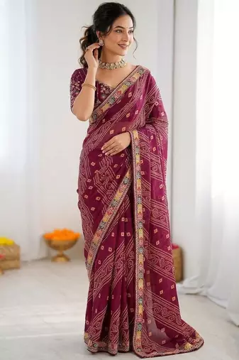 Wine soft georgette digital print saree with embroidered border & banglory silkblend blouse