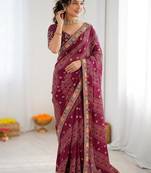 Wine soft georgette digital print saree with embroidered border & banglory silkblend blouse