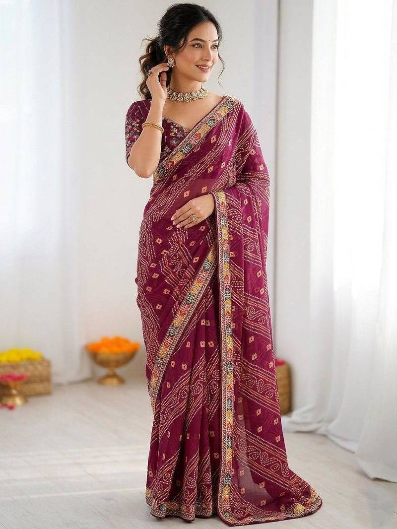 Wine soft georgette digital print saree with embroidered border & banglory silkblend blouse