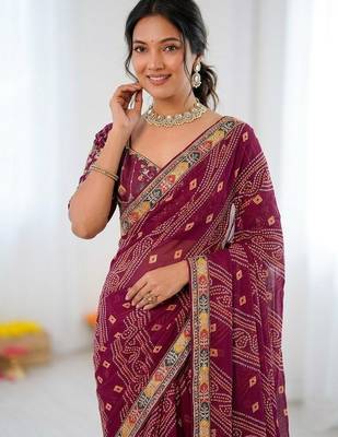 Wine soft georgette digital print saree with embroidered border & banglory silkblend blouse 2